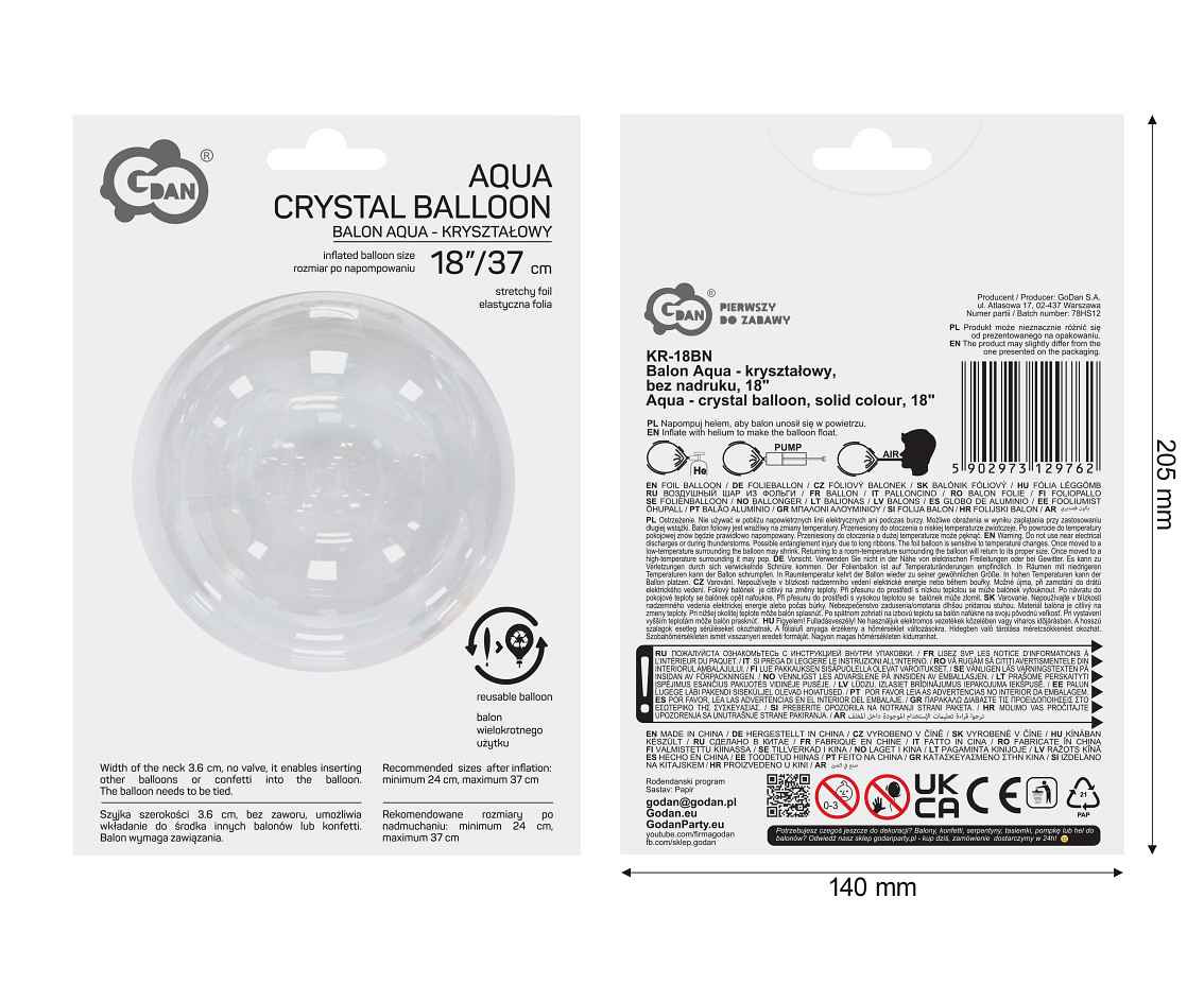Aqua - crystal balloon, solid colour, 18"